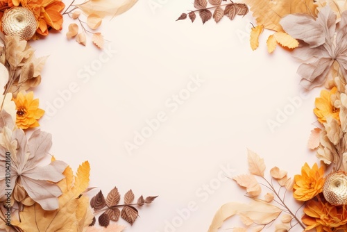 Autumn paper flowers and leaves creating a corner border on a light background