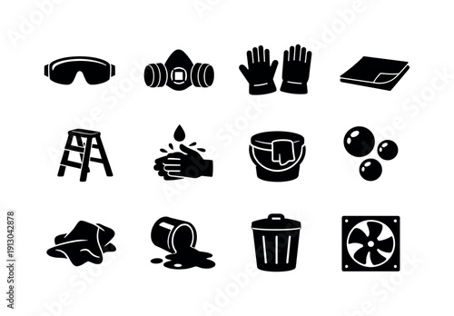 Painting walls. Solid icon set of safety and cleanup: safety goggles, painter mask, work gloves, floor cover, step ladder, hand wash, cleanup