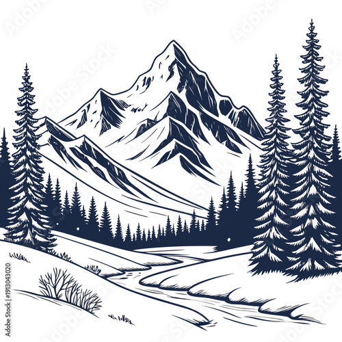 Snowy Mountain Landscape with Pine Forest