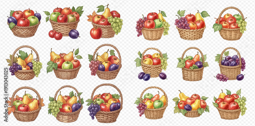 Set of baskets filled with fresh apples, grapes, pears, and plums, vector illustration.