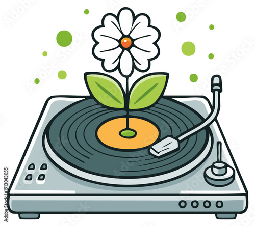 Cartoon turntable with flower illustration for music and nature