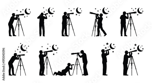 Silhouettes of astronomers observing the night sky with telescopes