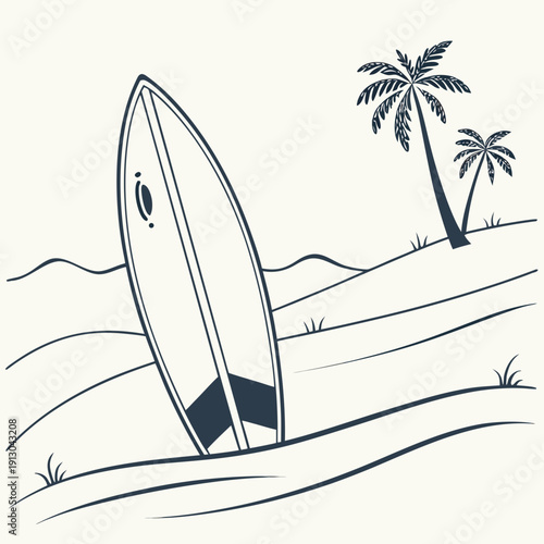 Surfboard Standing Upright in Sand