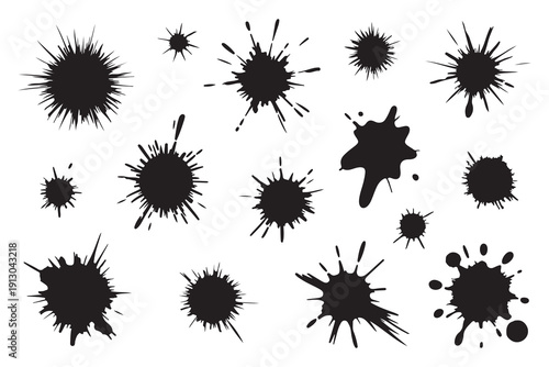 Black ink splatters set on white background isolated paint splashes collection for creative design projects