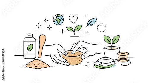 Inspirational design with ecology materials trend. Hands carefully shaping biodegradable materials into a simple design object. The mood is