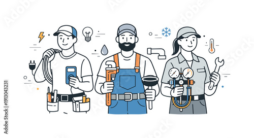    Electricians and skilled trades. An electrician, plumber, and HVAC technician standing side by side with simple tools, representing modern