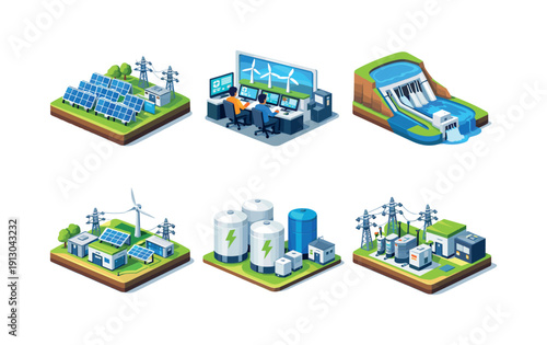 Isometric Sustainable Energy Icons. Sustainable energy. Isometric flat vector icons set of sustainable energy: solar farm landscape, wind energy control