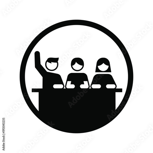 Vector illustration icon three people sitting at a table with one person raising their hand in a meeting or discussion setting