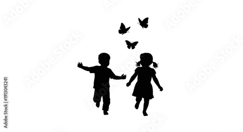 Silhouette of Children Running with Butterflies.