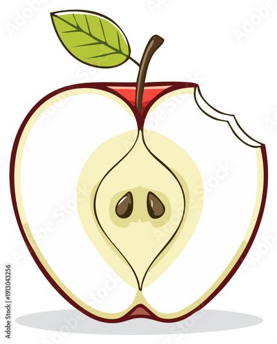 Cartoon depiction of a half-eaten apple with a leaf and seeds