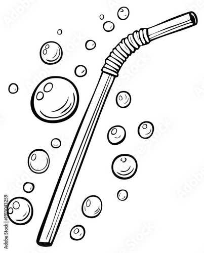 Black and white cartoon of a drinking straw with bubbles