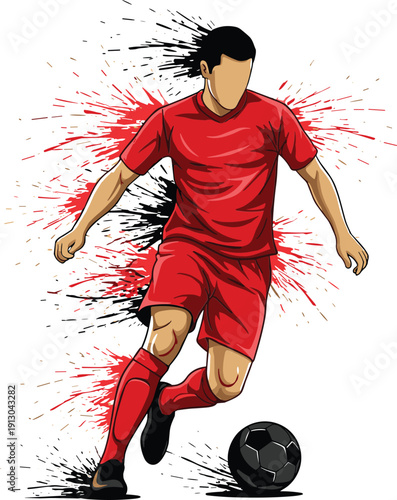 Soccer player kicking ball with red uniform and motion lines