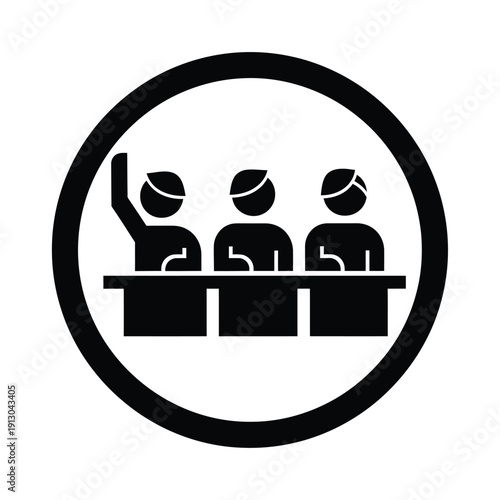 Vector illustration icon three judges sitting at a table with one raising their hand in a circular icon