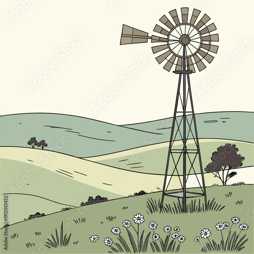 Windmill Standing in an Open Field Under Blue Sky