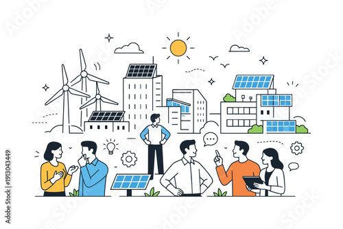 Renewable energy in cities. Modern cityscape with wind turbines and solar panels integrated into buildings, people observing and exchanging