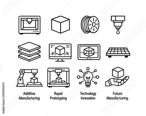 3D Printing Icons. 3D Printing Developments. Line icon set of 3D Printing Developments: 3D printer machine, printed cube, filament spool, printing nozzle,