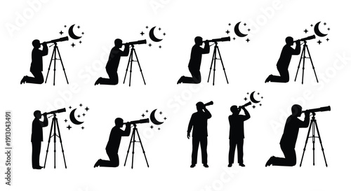 Silhouettes of astronomers observing the night sky with telescopes