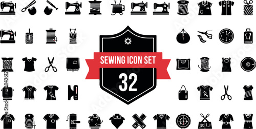 A collection of 32 sewing icons on a white background
