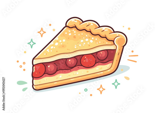 Pie slice close-up. A neatly cut slice with visible layers and filling, presented clearly and appetizing. Small abstract dots highlight
