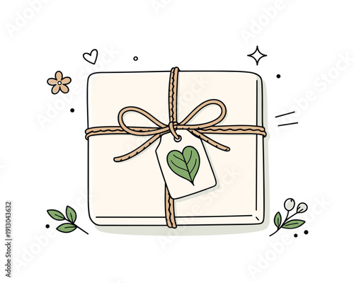 Spring gift with botanical touch. A close-up of a wrapped gift tied with twine and decorated with a small flower, eucalyptus, or pressed leaf