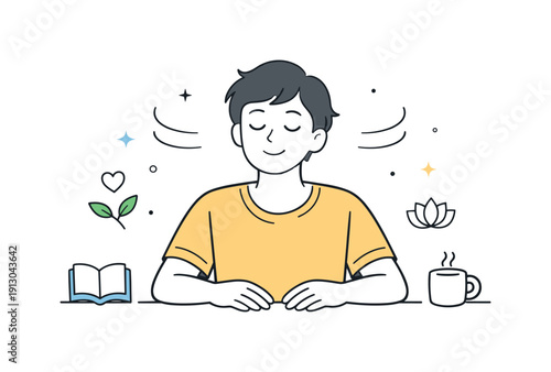 Health without fitness culture. Individual taking a quiet break, eyes closed, hands resting, gentle breathing suggested. Mental and emotional