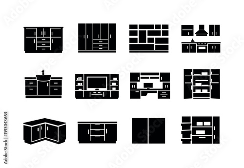 Custom cabinetry. Solid icon set of custom cabinetry: custom cabinets, fitted cupboards, bespoke shelves, built-in kitchen cabinets, bathroom