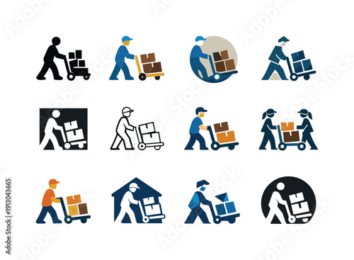 Warehouse Staff Icons. Warehouse staff. Icon set. Set Logo of Warehouse staff organizing and packing: trolley with stacked cartons. harmonious logo variations