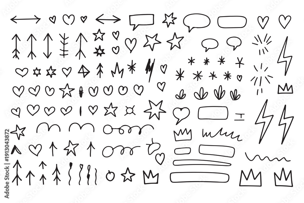 Fototapeta premium Set of hand drawn doodle design elements in black isolated on white background for creative design