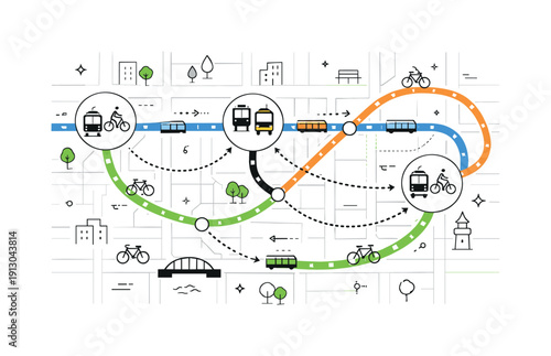    Urban transportation maps. A top-down schematic of a city grid with tram lines, bike paths, and transfer points, emphasizing connectivity.
