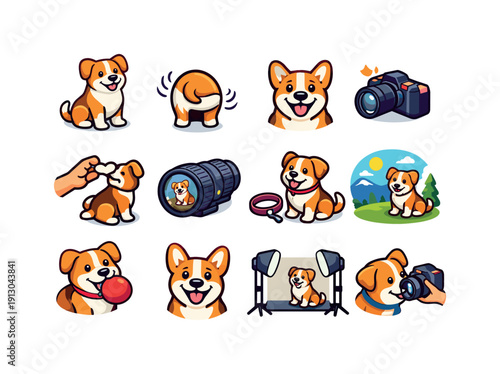 Dog photography. Colorful isometric vector icons set of dog photography: sitting dog pose, tail wag shot, tongue out smile, camera click on