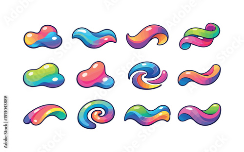 Colorful Isometric Icons. Organic flow. Colorful isometric vector icons set of organic flow: fluid shape, soft wave, organic curve, liquid ribbon, smooth blob,
