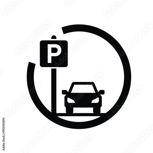 Vector illustration icon black and white icon of a car parked in a parking lot with a sign