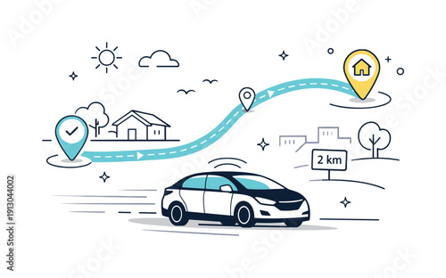 Futuristic Autonomous Vehicle. Futuristic autonomous driving. Vehicle moving on a suburban road with light motion lines, GPS route, and minimal signage. Sense