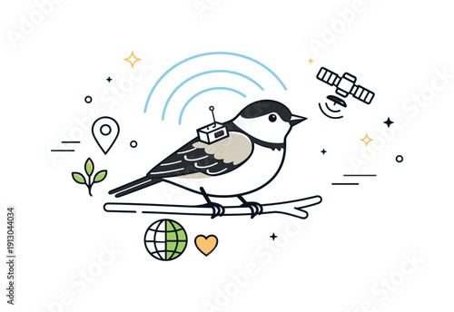 Bird Tracking Technology. Bird tracking technology. Small bird wearing a lightweight tracking tag, data signals gently radiating outward. Careful balance