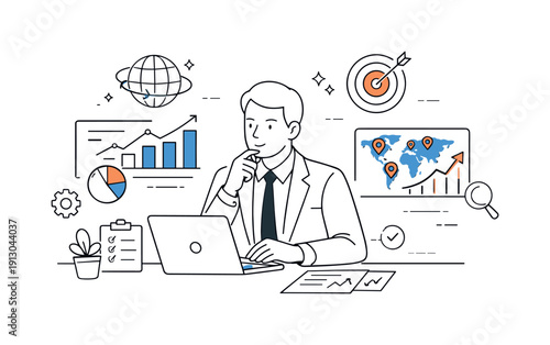 Scaling business internationally. Business leader reviewing global performance metrics, focused decision-making and foresight. Dashboards,