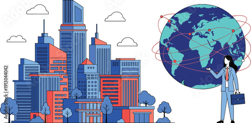 Business woman presenting global network connections with world map and modern city skyline skyscraper buildings for international corporate trade and urban growth concepts.