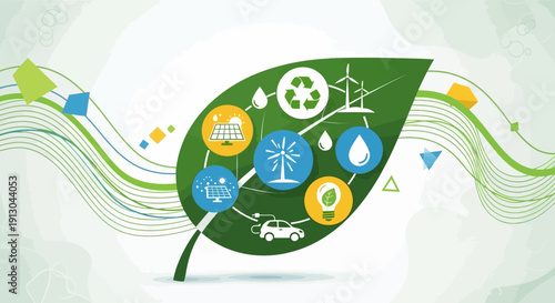 Green leaf with eco friendly icons.