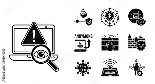Cybersecurity icons depicting threats protection and data vulnerability