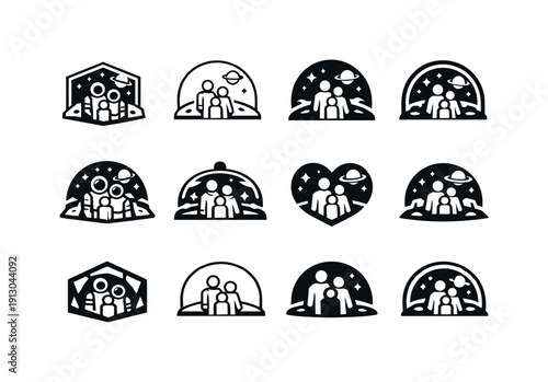 Space Family Icons. A family in a space habitat for long-term residence on another planet. Icon set. Set Logo of A family in a space habitat for long-term
