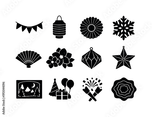 Paper craft decorations. Solid icon set of paper craft decorations: paper garland, paper lantern, paper rosette, paper snowflake, paper fan,
