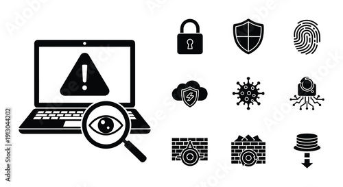 Cybersecurity icons depicting threats protection and data vulnerability