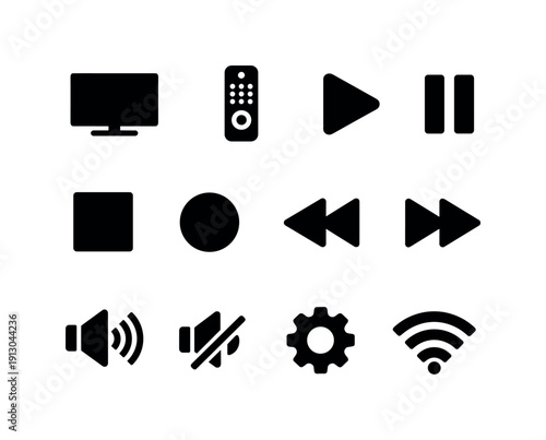Entertainment Control. Solid icon set of Entertainment Control: tv screen, remote device, play symbol, pause symbol, stop symbol, record