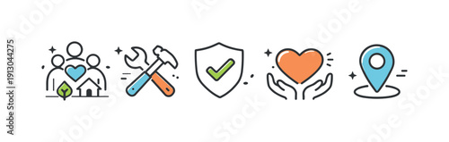 Local resilience toolkit icons. A clean set of line icons showing community support, tools, shield, heart, and location pin. Visual metaphor