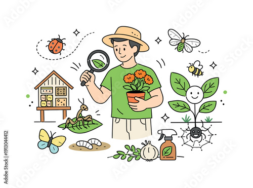 Eco-friendly pest management. A character using natural solutions like beneficial insects and healthy plants, with no aggressive action