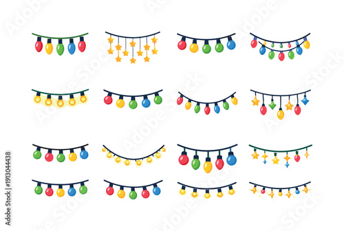 Hanging holiday lights. Colorful flat vector icons set of hanging holiday lights: string light bulbs, hanging fairy lights, glowing bulb