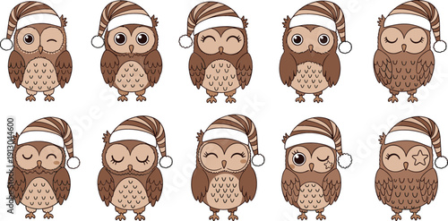 Set of cute sleepy owl characters wearing striped nightcaps with various facial expressions for cozy bedtime nursery decor and winter holiday greeting cards.