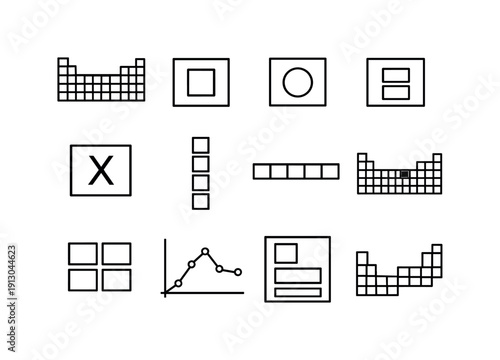    Periodic Table Elements. Line icon set of Periodic Table Elements: periodic table grid, element square, atomic number cell, atomic weight