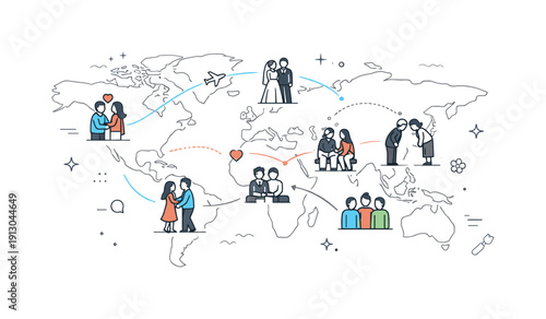 Global perspectives on romance. A world map with small couples icons placed across regions, calm and educational. Abstract lines connect