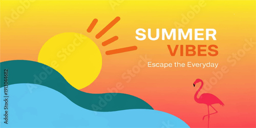 Abstract summer background of a sun and sea beach nature scene with ocean waves and a travel vacation banner vector illustration