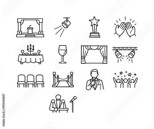   Corporate Gala. Line icon set of Corporate Gala: formal stage, spotlight, award trophy, applause hands, formal dinner table, wine glass,